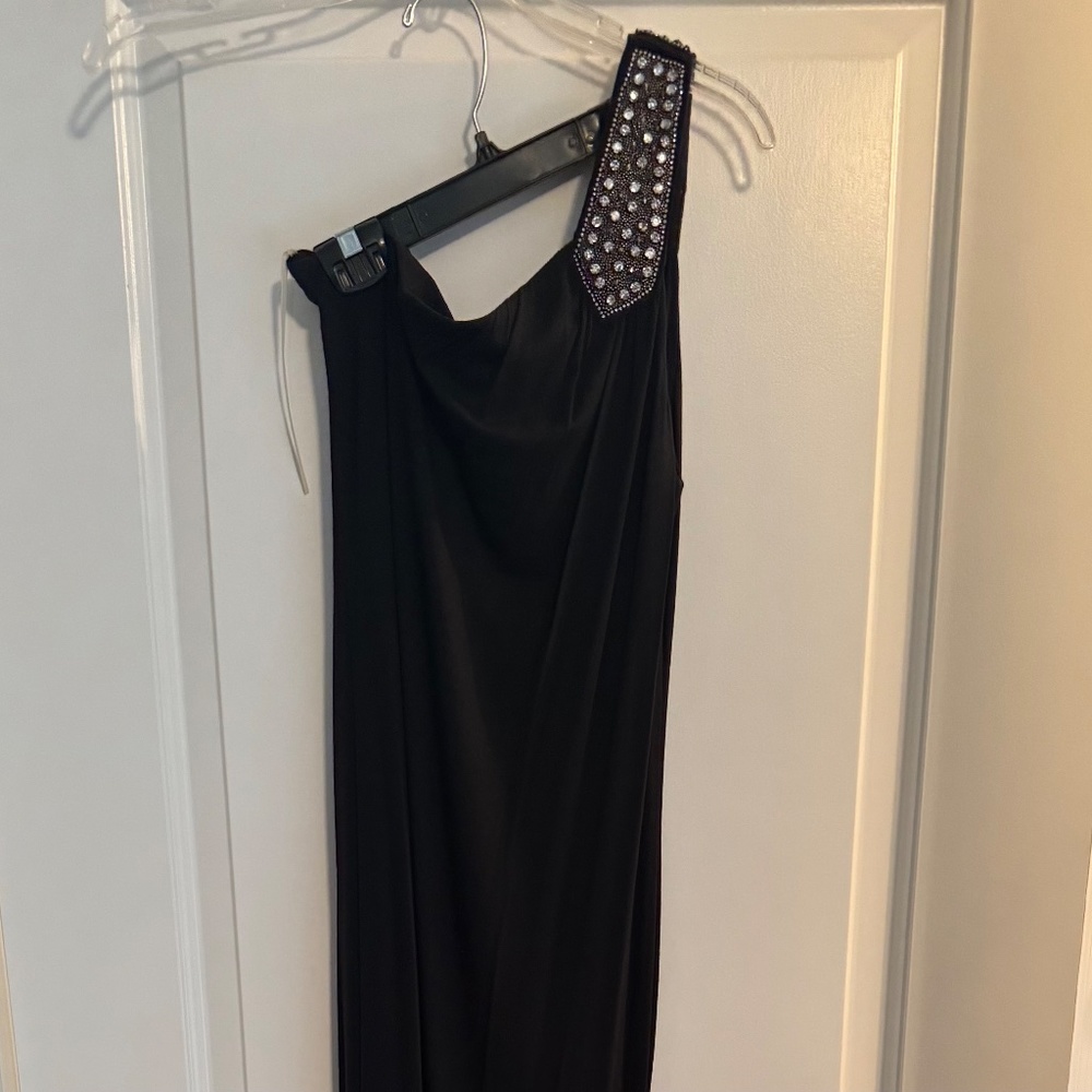 Bordeaux Los Angeles One Shoulder with embellishment black full length gown.